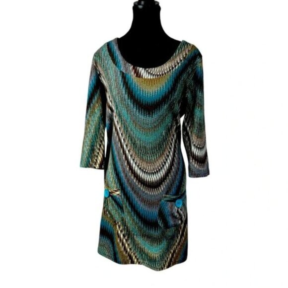 Papillon Blanc Dresses & Skirts - Papillon Dress Womens Large Knit Brown Turquoise 3/4 Sleeves